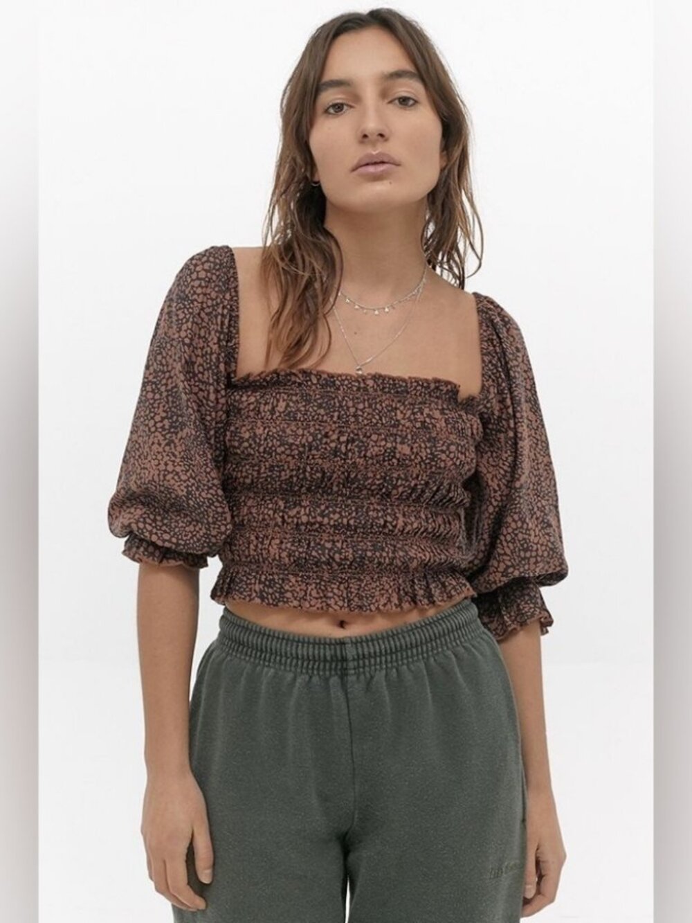 Urban Outfitters Size S Sierra Smocked Puff Sleeve Crop Ruffled Top Blouse